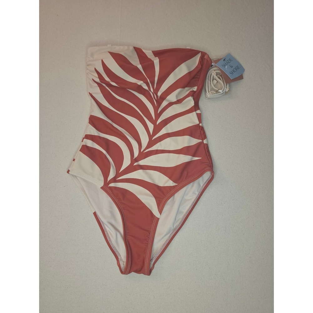 Shade & Shore Palm Print Bandeau One Piece Swimsuit Tan Medium NWT